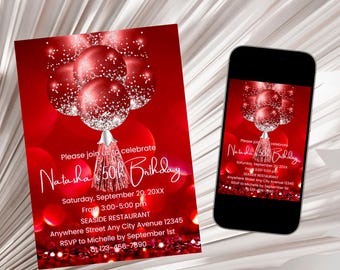 Faire-part d'anniversaire rouge, faire-part d'anniversaire adulte, argent et rouge, invitation anniversaire femme rouge modèle téléchargement numérique