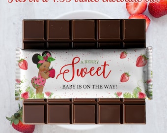 Etiqueta de barra de chocolate para baby shower de fresa, etiqueta para baby shower con dulces frutos rojos, etiqueta para envolver baby shower con dulces frutos rojos, etiqueta de chocolate para baby shower de fresa afro