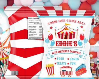 Bearbeitbarer Karnevals-Geburtstags-Chip-Beutel, Zirkus-Geburtstags-Gastgeschenk, Chip-Verpackung für Karneval/Zirkus-Geburtstags-Geburtstags-Gastgeschenk