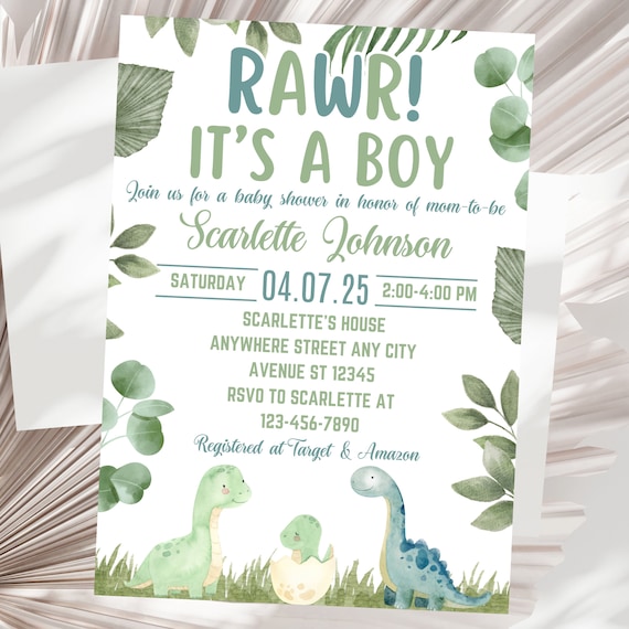 Inviti Per Baby Shower A Tema Dinosauro Per Bambino - Set Da 20 Biglietti 10x15 Cm Con Buste - It's A Boy, Festa Dino, Doppia Faccia, Cartoncino Pesante - 2