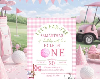 Faire-part d'anniversaire trou d'un coup de golf rose, tee-shirt sport pour fille (modèle numérique)