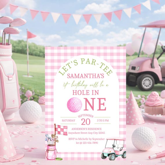 Pink Golf Hole-in-One Birthday Invitation, Girl Sport Par-Tee (Digital Template)