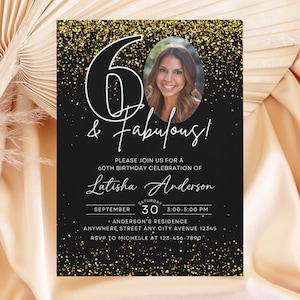 60th Birthday Invitation with Photo, Modern 60th Birthday Party Invite, Black Gold Adult Birthday Invitation, Sixty and Fabulous Invitation