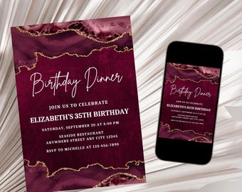 May include: A burgundy and gold birthday dinner invitation with a marble design. The invitation reads "Birthday Dinner" and includes the text "Join us to celebrate Elizabeth's 35th Birthday".