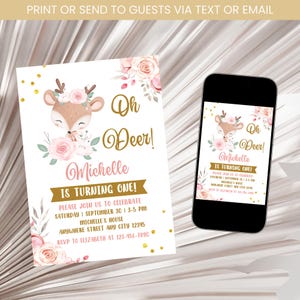 Oh Deer Birthday Invitation, Deer First Birthday Invitation, Pink Floral Gold Girl Birthday Invitation, Deer Invite Template Digital