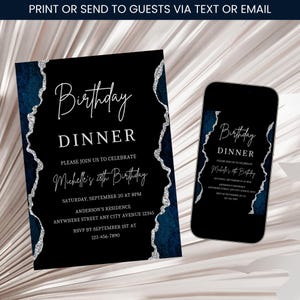 Navy Blue and Silver Birthday Invitation, Adult Navy & Silver Invitation, Navy Blue Birthday Dinner Invite, Men and Women Birthday Template