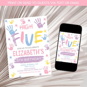 High Five Birthday Party Invitation, Hi Five Birthday Invite Template, Girl High 5 Birthday, 5th Birthday Painting Invitation Template