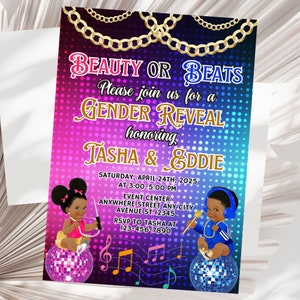 Beauty or Beats Gender Reveal Invitation African American  Princess and Prince Beats or Beauty Invitation Editable Template Digital Download
