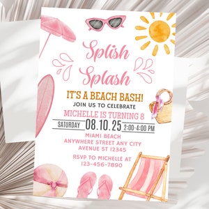 Invitation fête d'anniversaire sur la plage Invitation fête de la natation Anniversaire numérique fille Beach Bash Invitation d'anniversaire tropicale d'été Modèle rose
