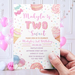 Two Sweet Birthday Invitation, Candy Sweet 2nd Birthday Girl Invite, CandyLand Birthday Invite, Donut Ice Cream Party InviteTemplate