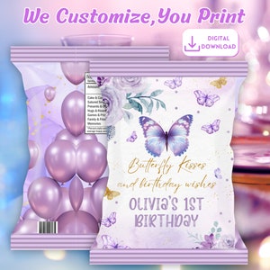 Butterfly Birthday Chip Bag,Butterfly Birthday Party Favor,Butterfly Chip Wrap, Custom Butterfly Snack Bag for Kids, 1st Birthday Butterfly