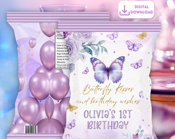 Pacote de Batata Frita com Borboleta para Aniversário, Lembrancinha de Festa de Aniversário com Borboleta, Embalagem de Batata Frita com Borboleta, Pacote de Lanche Personalizado com Borboleta para Crianças, 1º Aniversário com Borboleta
