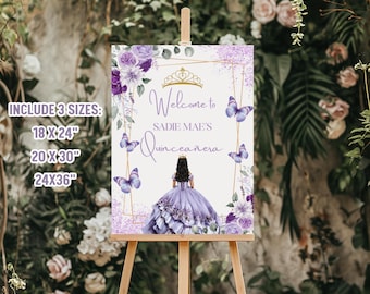 Puede incluir: Un letrero de bienvenida para una Quinceañera, con una joven con un vestido morado, mariposas y detalles florales. El letrero dice "Welcome to Sadie Mae's Quinceañera" y está disponible en tamaños de 45,7 x 61 cm, 50,8 x 76,2 cm y 61 x 91,4 cm.