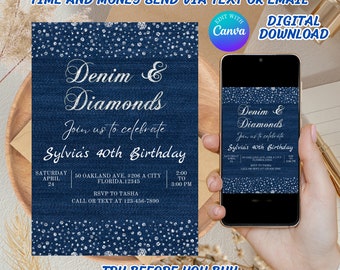 Denim and Diamonds Invitation for Adult Denim Invitation Denim and Diamond Party Adult Birthday Party Denim and Pearls Custom Adult Invite