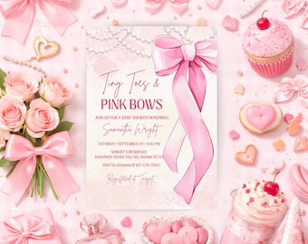Pink Bow Girl Baby Shower Invitation, Tiny Toes and Pink Bows Invite, Pearls and Bow Baby Sprinkle Invitation Template Digital Download