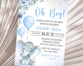 May include: A baby shower invitation with a blue and white color scheme. The invitation features a cute cartoon elephant holding two blue balloons. The text on the invitation reads "Oh Boy!" and includes the date, time, and location of the shower. The invitation also includes the name of the person being honored, Michelle Nelson, and the RSVP information. The invitation is decorated with gold glitter and blue flowers.