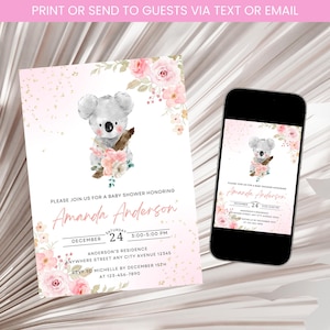 Koala Baby Shower Invitation, Koala Baby Shower Invite, Girl Baby Shower, Animal Baby Shower Invite, Koala Invitation Template Digital