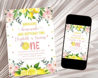 Invitación de cumpleaños con temática de limonada, Invitación de cumpleaños con temática de limonada, Invitación divertida con limonada y sol, Invitación digital de cumpleaños con flores de limón