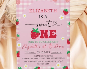 Sweet One Strawberry First Birthday Invitation, Strawberry Birthday Invite, Berry First  Birthday Invitation, Girl 1st Birthday Template