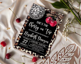 Disco Cherry on Top Birthday Invitation, Leopard Cherry Invitation, Cherry On Top, Coquette Cherry Invitation Template Digital Download