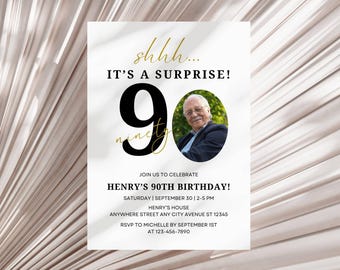 Editable Adult Surprise Birthday Invitation, Modern 90th Birthday Party Invite, Minimalist Adult Birthday Photo Invitation Template