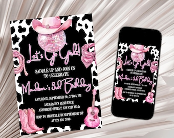 May include: A black and white cow print birthday invitation with pink accents. The invitation includes a pink cowboy hat, disco ball, boots, guitar, and the text "Let's Go Girls!" and "Madden's 3rd Birthday". A smartphone displays the invitation.