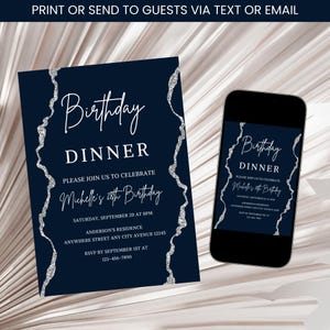 Navy Blue and Silver Birthday Invitation, Adult Navy & Silver Invitation, Navy Blue Birthday Dinner Invite, Men and Women Birthday Template