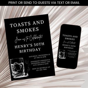 Toasts and Smokes Birthday Invitation, Adult Birthday Invitation, Whiskey Birthday Invite, Men and Women Birthday Party Invitation Template