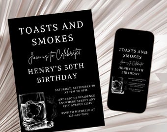Toasts and Smokes Geburtstagseinladung, Erwachsenen-Geburtstags-Einladung, Whisky-Geburtstags-Einladung, Männer und Frauen-Geburtstags-Party Einladungsvorlage