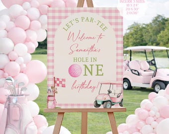 Plaque de bienvenue rose, anniversaire, trou d'un coup de golf, tee-shirt sport pour fille (modèle numérique)