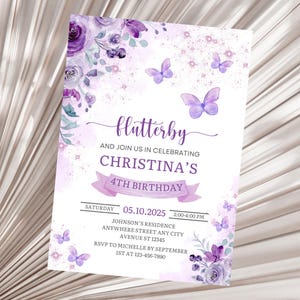 Butterfly Birthday Invitation, Girl Birthday Purple Butterfly Invitation, Flutterby Butterfly Magical Birthday Invitation Template