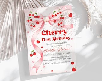 Cherry First Birthday Invitation, Cherry Invitation, Cherry On Top Birthday Invite, Girl 1st Birthday Invitation Template Digital Download