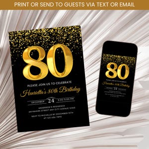 80th Birthday Invitation, Adult Birthday Invitation, Gold and Black Birthday Invite, Invitation for Men and Women, Birthday Invite Digital