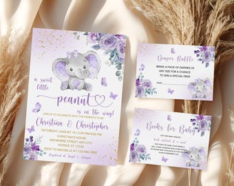 Könnte beinhalten: Ein Babyparty-Einladungsset in Lavendel- und Lilatönen. Die Haupteinladung zeigt eine Illustration eines grauen Elefanten mit lila Akzenten. Der Text enthält Veranstaltungsdetails und den Satz "a sweet little peanut is on the way!" Zusätzliche Karten sind enthalten.