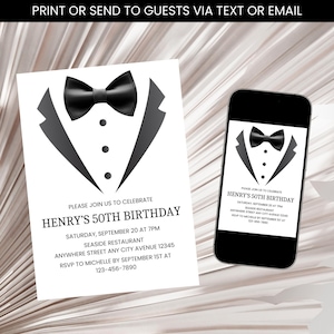 Tuxedo Birthday Invitation, Tuxedo Invite, Men Birthday invitation, Black Tuxedo Invitation, Adult Men Birthday Invitation Template Digital