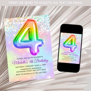Rainbow 4th Birthday Invitation, Girl Rainbow Birthday Invite, 4th Birthday Invitation, Rainbow Foil Balloon Fourth Birthday Invite Template