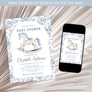 Toile De Jouy Baby Shower Invitation, Blue Toile Baby Sprinkle Invitation, Blue Toile Baby Shower, Boy Baby Shower Invitation Template
