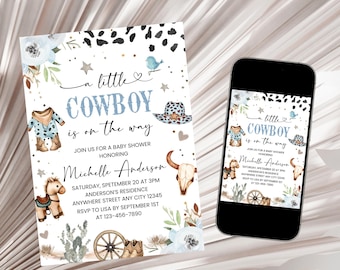 May include: A baby shower invitation with a blue and white cowboy theme. The invitation features a cowboy hat, boots, and a baby outfit. The text on the invitation reads "a little cowboy is on the way".