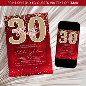 30th Birthday Invitation, Red Gold 30th Birthday Invite, Women Adult Birthday Invitation, Thirtieth Birthday Invitation Template Digital
