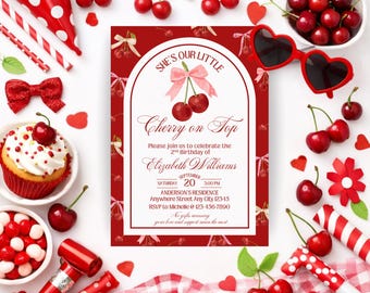 Cherry Birthday Invitation, Cherry Invite, Cherry On Top Birthday Invite, Girl Birthday Invitation Template Digital Download