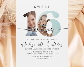 Sweet Sixteen Birthday Invitation with Photo, Modern 16th Birthday Party Invite, Minimalist Photo Invite, Sixteenth Birthday Invite Template