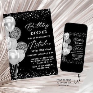 Black and Silver Birthday Invitation, Adult Birthday Invite, Black Silver Glitter Balloons Birthday Invitation, Birthday Invitation Template
