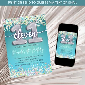 Teal 11th Birthday Invitation, Girl Glitter Birthday Invite, Girl 11th Birthday Invite, 11 Year Old, Eleventh Birthday Invitation Template