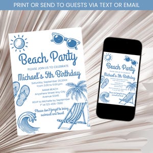 Beach Party Invitation, Swimming Party Invitation, Boy Birthday Beach Bash Tropical Summer Birthday Invite, Blue Beach Party Invite Template