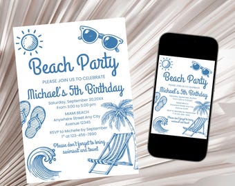 Invitation fête de plage, invitation de fête de natation, anniversaire de garçon Beach Bash, invitation d'anniversaire d'été tropical, modèle d'invitation de fête de plage bleu