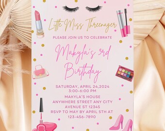 Little Miss Threenager Birthday Invitation, Spa Party Invitation, Spa Day, Pamper Day Invite, Girl 3rd Birthday, Makeup Invitation Template