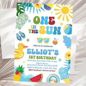 One In The Sun Boy 1st Birthday Party Invitation Editable Tropical Summer Splish Splash First Birthday Party Pool Party Invitation Template