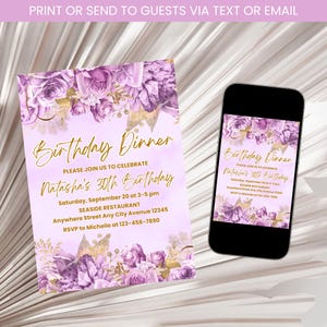 Lila Blumen Geburtstagseinladung, Gold und Lila Party einladen, Geburtstagseinladung für Erwachsene, Lila Frauen Einladung Vorlage Digitaler Download
