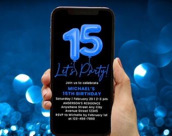 Digital inbjudan till 15-årsdag, blå och svart 15-årsdagsfest, elektronisk inbjudan till pojke, mall för textinbjudan till 15-årsdag