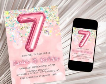 7th Birthday Invitation, Girl Glitter Birthday Invite, Girl 7th Birthday Invite, Pink Foil Balloon Seventh Birthday Invitation Template